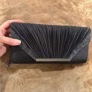 Like New Elegant Black Pleated Evening Clutch with Glitter Accents